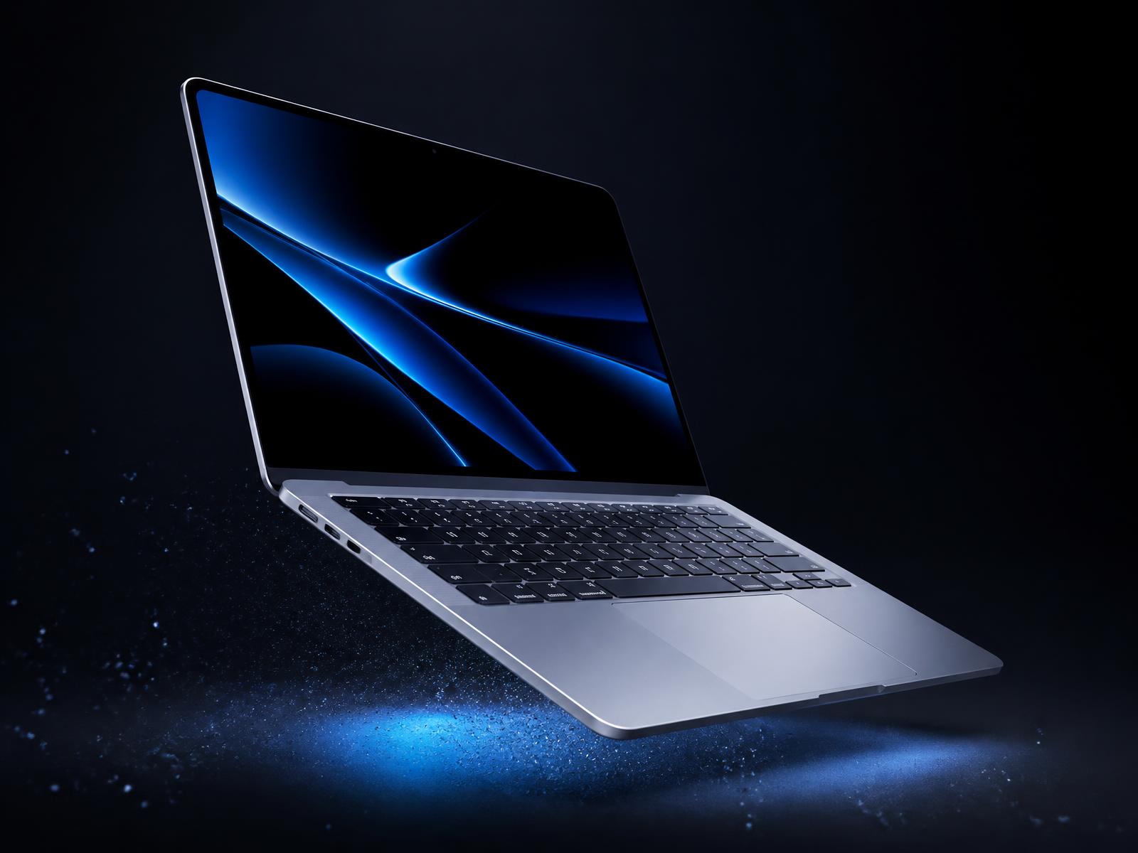 Premium silver laptop with electric blue lighting